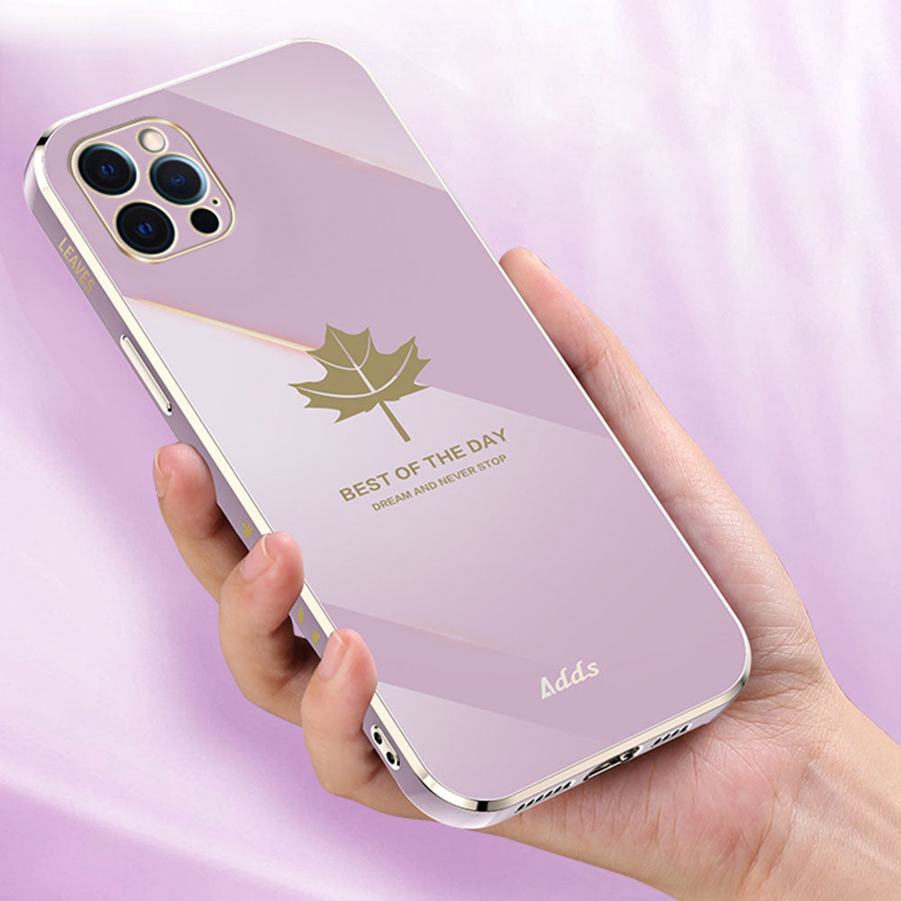 Anti-drop Phone Case for iPhone 12 Pro Max 6.7 inch Electroplated Maple Leaf Straight Edge TPU Cover - Green