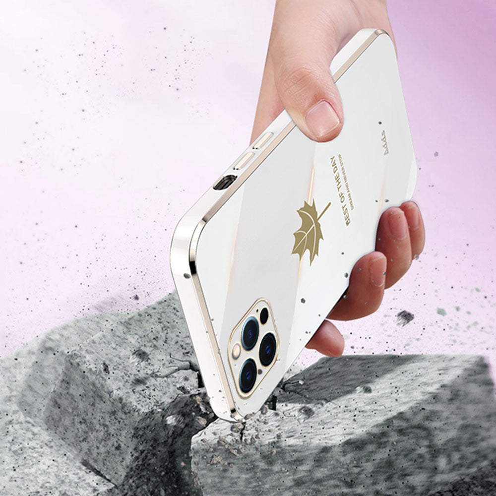 Anti-drop Phone Case for iPhone 12 Pro Max 6.7 inch Electroplated Maple Leaf Straight Edge TPU Cover - Pink