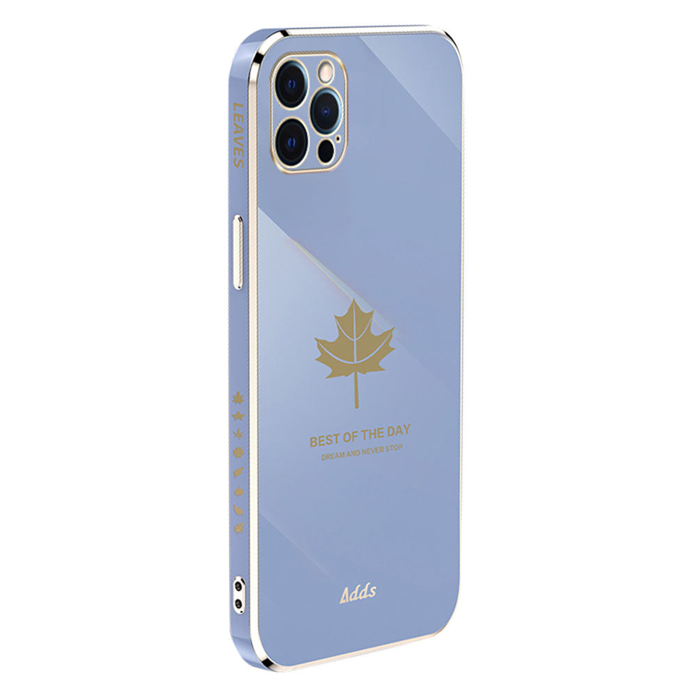 Anti-drop Phone Case for iPhone 12 Pro Max 6.7 inch Electroplated Maple Leaf Straight Edge TPU Cover - Grey Blue