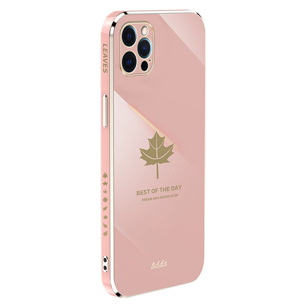 Uniqkart for iPhone 12 Pro 6.1 inch Straight Edge TPU Phone Cover Maple Leaf 6D Electroplating Case - Pink