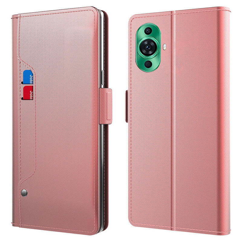 Uniqkart for Huawei nova 11 Ultra / nova 11 Pro PU Leather Phone Case Mirror Card Holder Mobile Phone Stand Cover - Rose Gold