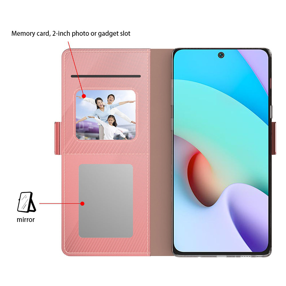 Uniqkart for Xiaomi Redmi Note 12R Pro 5G Slim-Fit Mirror Design Cell Phone Cover Card Holder Leather Stand Case - Rose Gold