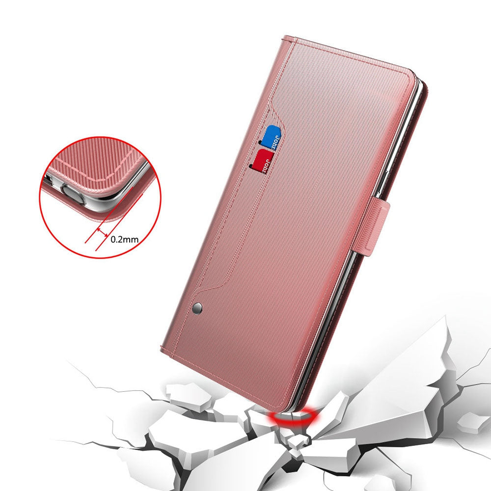 Uniqkart for Xiaomi Redmi Note 12R Pro 5G Slim-Fit Mirror Design Cell Phone Cover Card Holder Leather Stand Case - Rose Gold