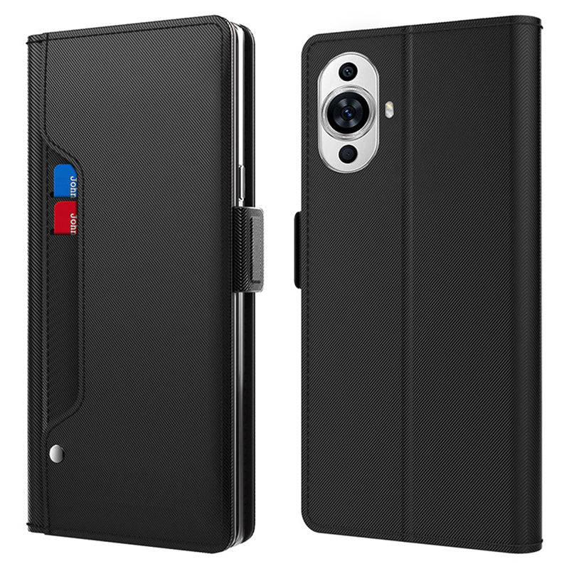 Uniqkart for Huawei nova 11 Anti-scratch Magnetic Phone Case Mirror Design Card Holder PU Leather Stand Phone Cover - Black