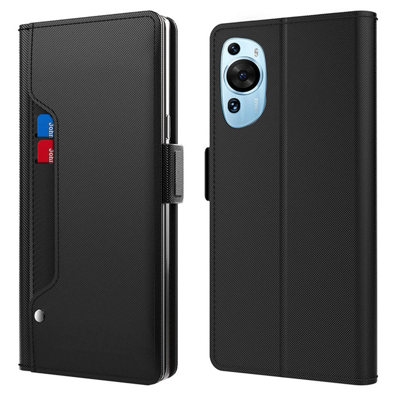 Uniqkart for Huawei P60 Art Makeup Mirror Leather Cell Phone Case Card Holder Cell Phone Stand Cover - Black