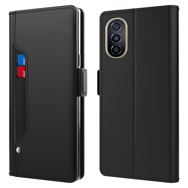 Built-in Mirror Phone Case for Huawei nova Y71 4G , Card Holder Phone Stand Cover Leather Shell - Black