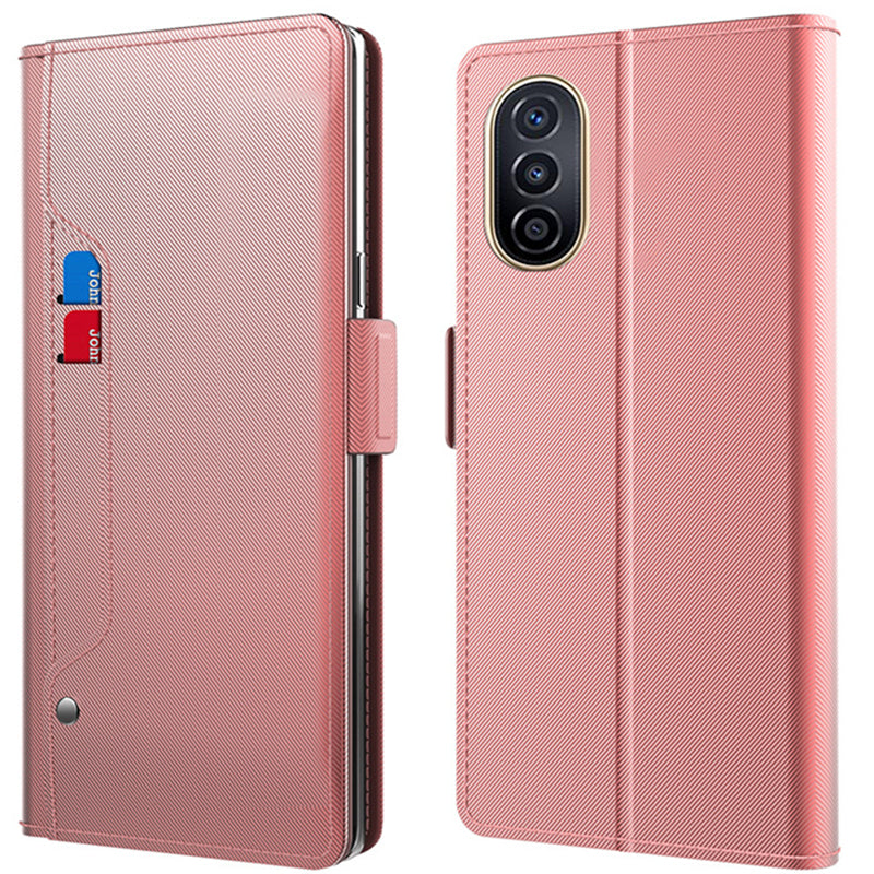 Built-in Mirror Phone Case for Huawei nova Y71 4G , Card Holder Phone Stand Cover Leather Shell - Rose Gold
