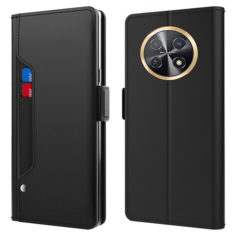 Uniqkart for Huawei nova Y91 4G Anti-Scratch Leather Cell Phone Case Mirror Card Holder Smartphone Desk Stand Design Cover - Black