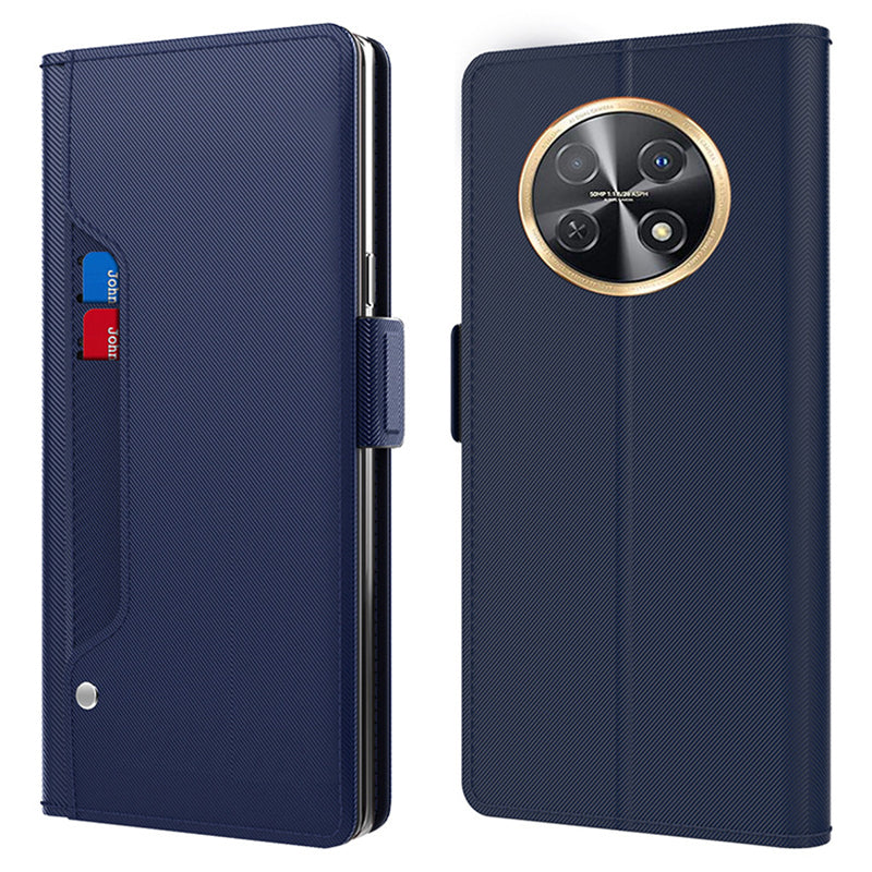 Uniqkart for Huawei nova Y91 4G Anti-Scratch Leather Cell Phone Case Mirror Card Holder Smartphone Desk Stand Design Cover - Blue