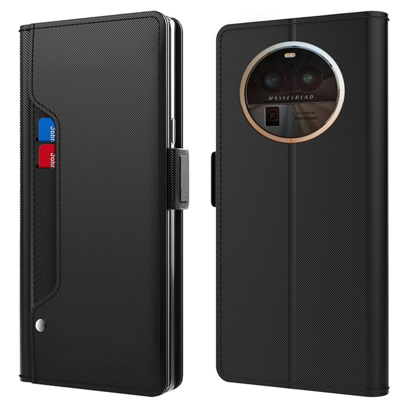 Uniqkart for Oppo Find X6 Pro Mobile Phone Case Mirror Design Card Holder Phone Stand Leather Cover - Black