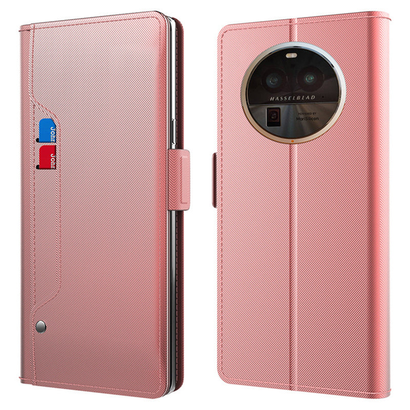 Uniqkart for Oppo Find X6 Pro Mobile Phone Case Mirror Design Card Holder Phone Stand Leather Cover - Rose Gold
