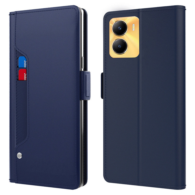 Uniqkart for vivo Y56 5G Slim-Fit Cell Phone Case Mirror Card Holder Leather Mobile Phone Stand Cover - Blue