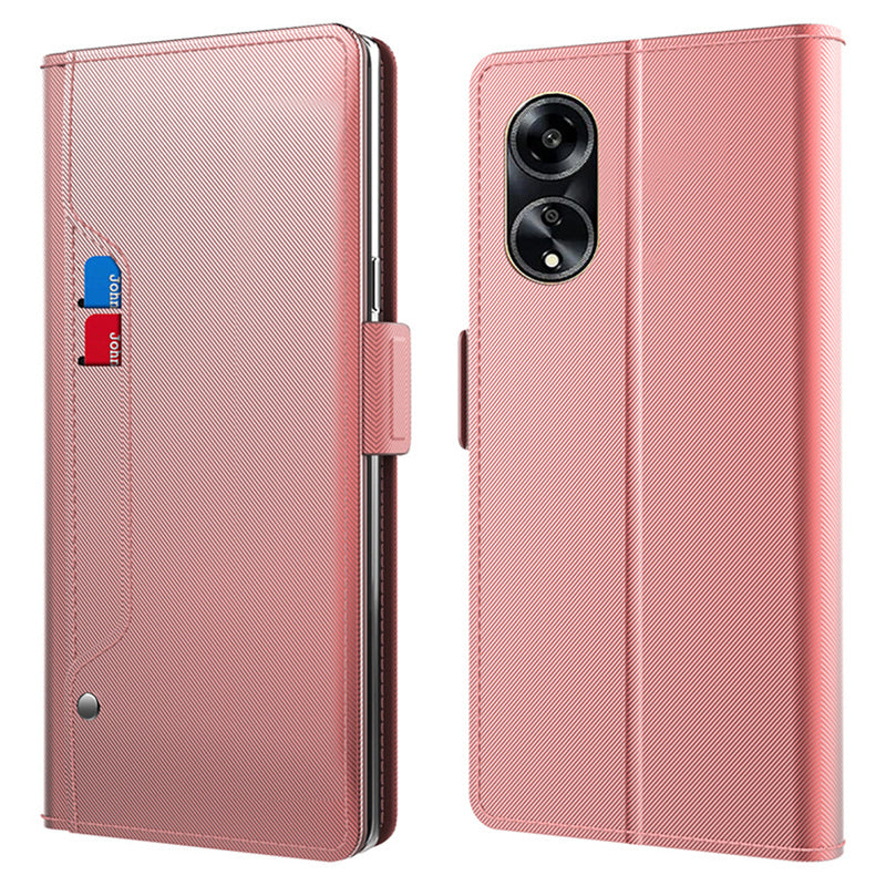 Uniqkart for Oppo A1 5G Flip Design PU Leather Phone Shell Anti-Scratch Cell Phone Case Mirror Card Holder Supporting Stand Cover - Rose Gold