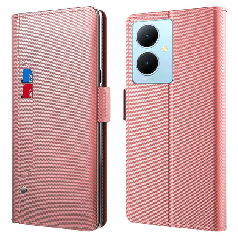 Uniqkart for vivo Y78+ 5G Card Holder Phone Stand Cover Shockproof PU Leather Cell Phone Case with Mirror Design Uniqkart for Makeup - Rose Gold