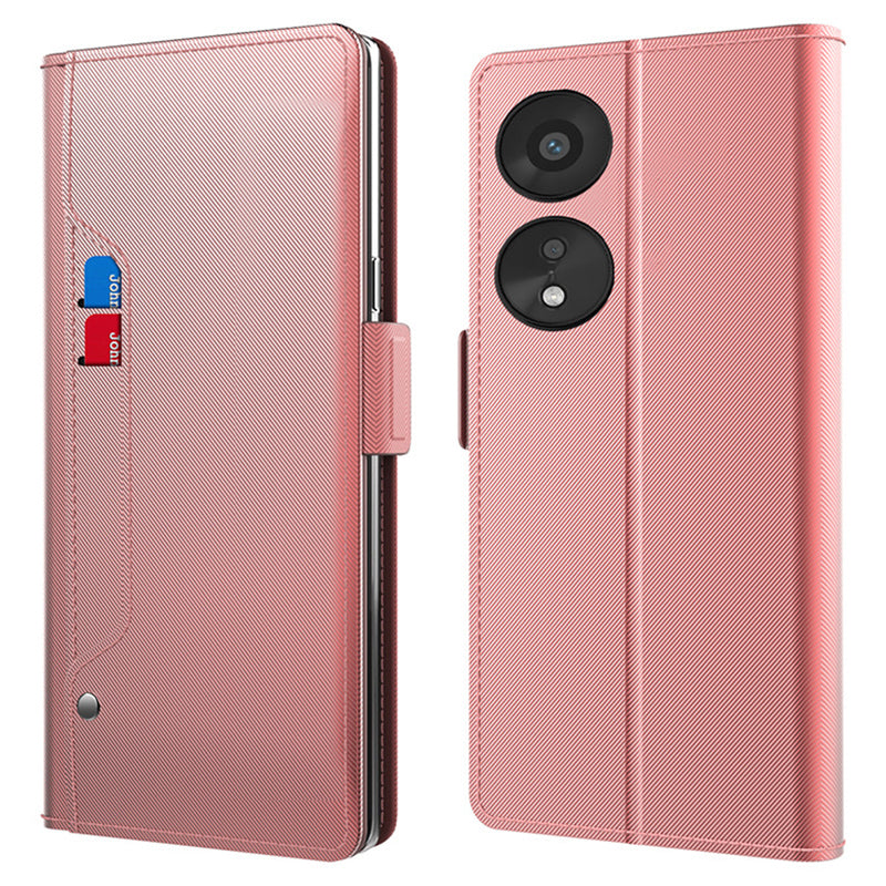 PU Leather Mobile Phone Case for Oppo A78 5G , Built-in Mirror Card Holder Phone Stand Cover Shell - Rose Gold