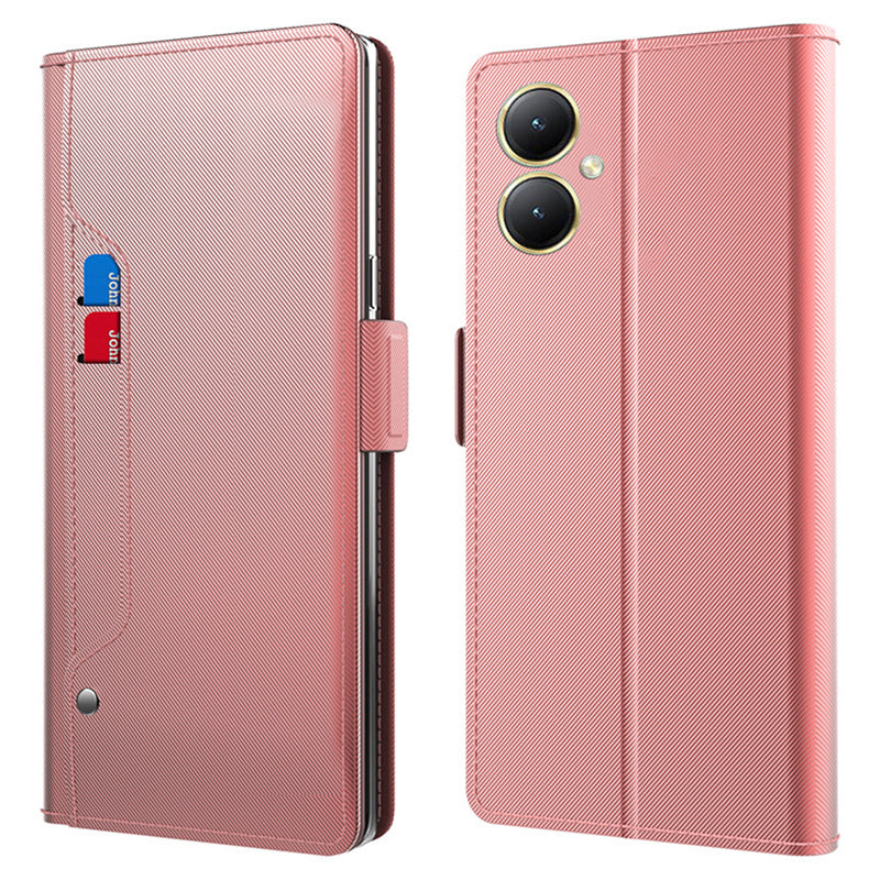 Uniqkart for vivo Y35+ 5G Anti-Scratch Mirror Design PU Leather Stand Case Card Slot Mobile Phone Cover - Rose Gold