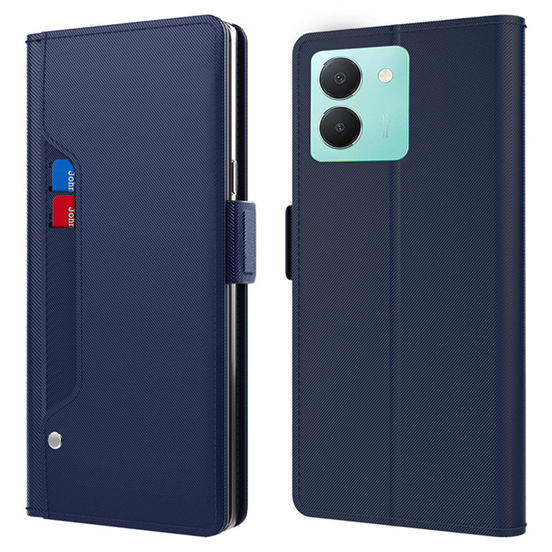 Uniqkart for vivo Y36 4G / 5G Mirror Design Magnetic Flip Case Card Holder Dustproof PU Leather + TPU Phone Stand Cover - Blue