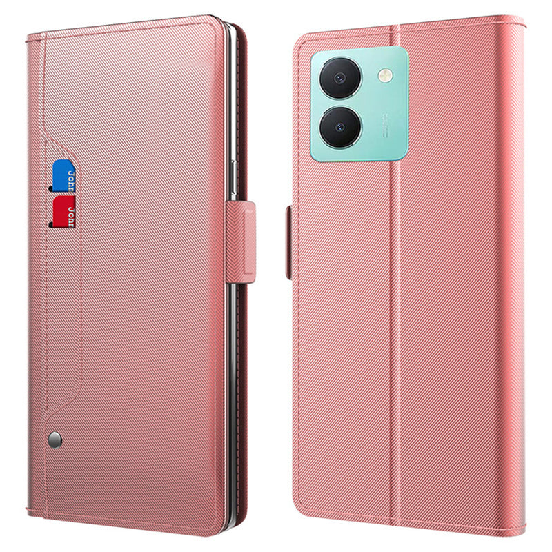 Uniqkart for vivo Y36 4G / 5G Mirror Design Magnetic Flip Case Card Holder Dustproof PU Leather + TPU Phone Stand Cover - Rose Gold