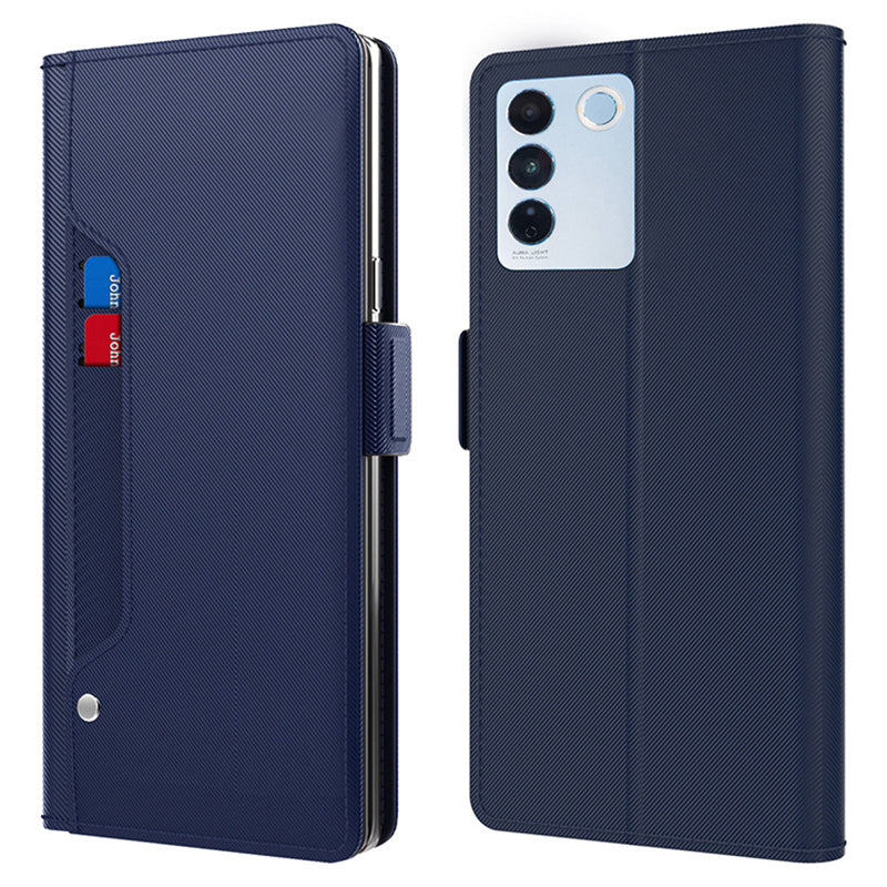 Shockproof Phone Case for vivo V27 Pro 5G , Magnetic Mirror Design Card Holder Cell Phone Cover - Blue