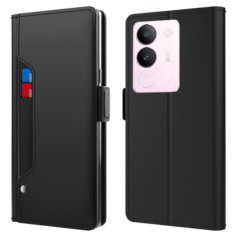 Uniqkart for vivo S17 5G Magnetic Closure Stand Case Mirror Design Card Holder PU Leather Phone Cover - Black