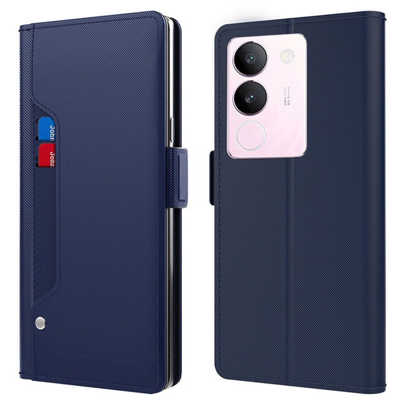 Uniqkart for vivo S17 5G Magnetic Closure Stand Case Mirror Design Card Holder PU Leather Phone Cover - Blue