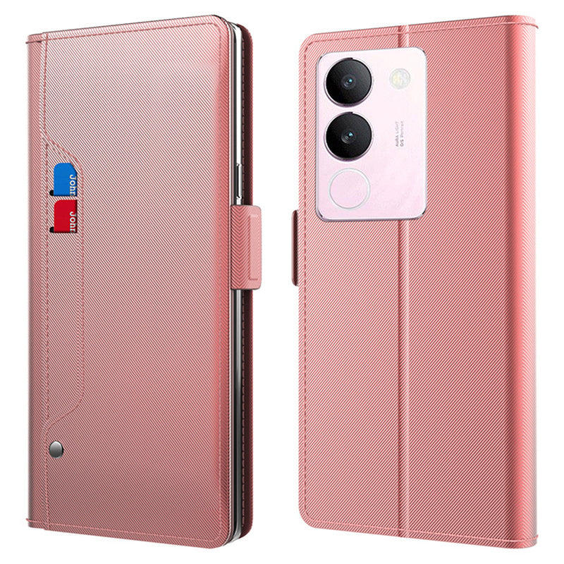 Uniqkart for vivo S17 5G Magnetic Closure Stand Case Mirror Design Card Holder PU Leather Phone Cover - Rose Gold