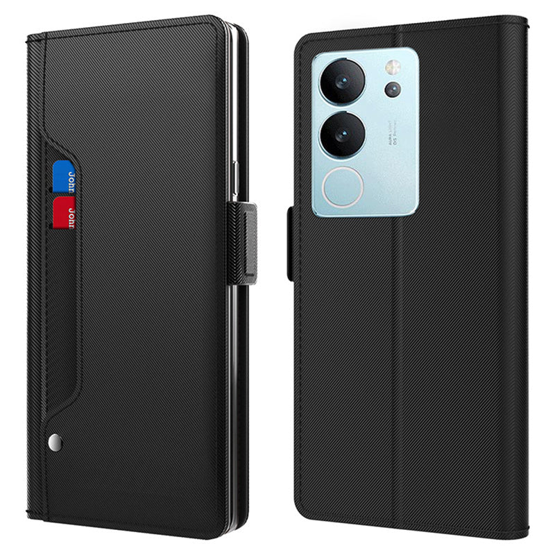 Uniqkart for vivo S17 Pro 5G Card Slot Cell Phone Cover PU Leather + TPU Supporting Stand Case with Mirror - Black