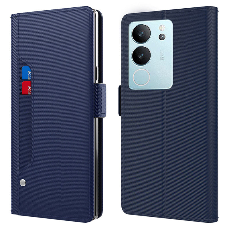 Uniqkart for vivo S17 Pro 5G Card Slot Cell Phone Cover PU Leather + TPU Supporting Stand Case with Mirror - Blue