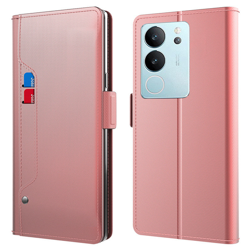 Uniqkart for vivo S17 Pro 5G Card Slot Cell Phone Cover PU Leather + TPU Supporting Stand Case with Mirror - Rose Gold