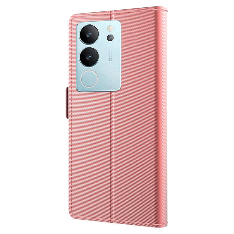 Uniqkart for vivo S17 Pro 5G Card Slot Cell Phone Cover PU Leather + TPU Supporting Stand Case with Mirror - Rose Gold