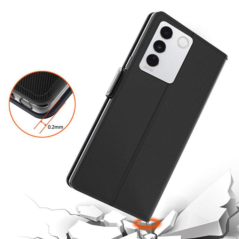 Uniqkart for vivo V27 5G Dustproof PU Leather Stand Case Mirror Design Card Holder Cell Phone Cover - Black