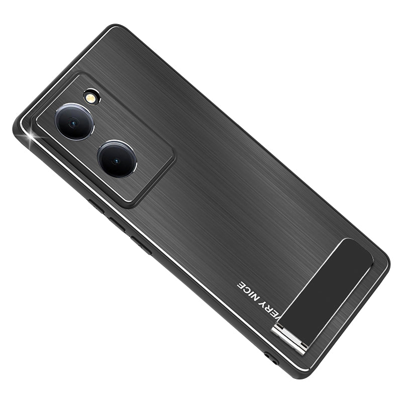 Uniqkart for vivo Y78 5G Kickstand Cell Phone Case TPU+Aluminium Alloy Brushed Cover Drop Protection Shell - Black
