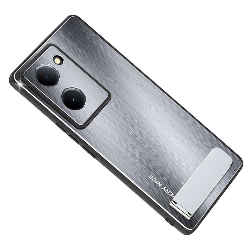 Uniqkart for vivo Y78 5G Kickstand Cell Phone Case TPU+Aluminium Alloy Brushed Cover Drop Protection Shell - Silver
