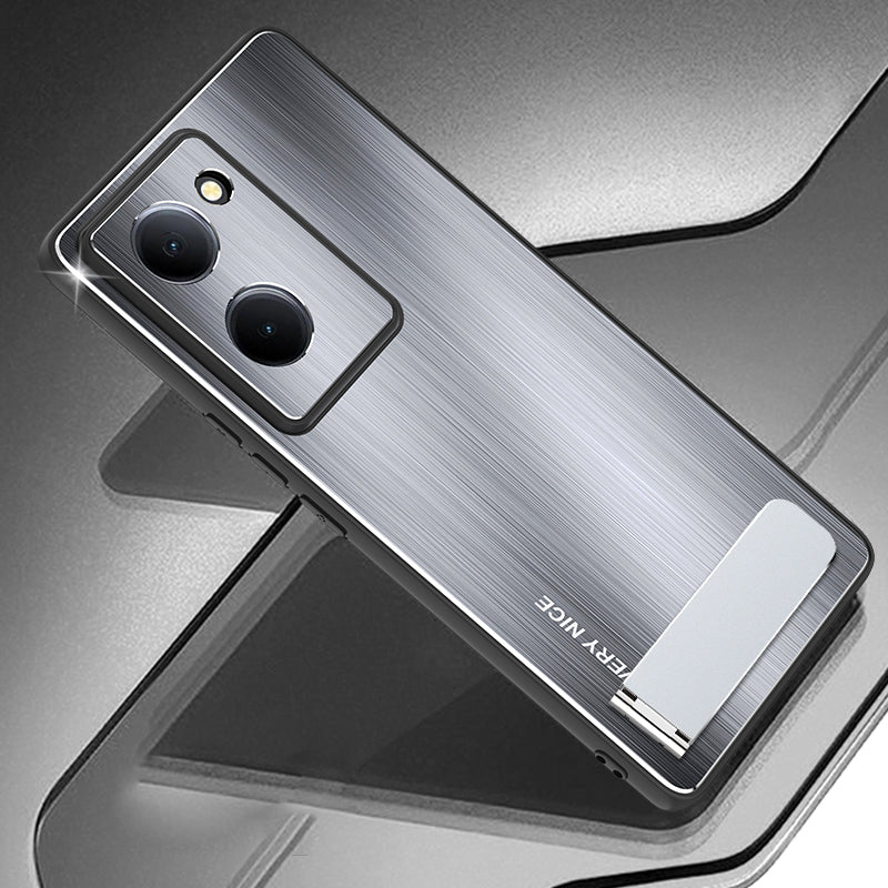 Uniqkart for vivo Y78 5G Kickstand Cell Phone Case TPU+Aluminium Alloy Brushed Cover Drop Protection Shell - Silver