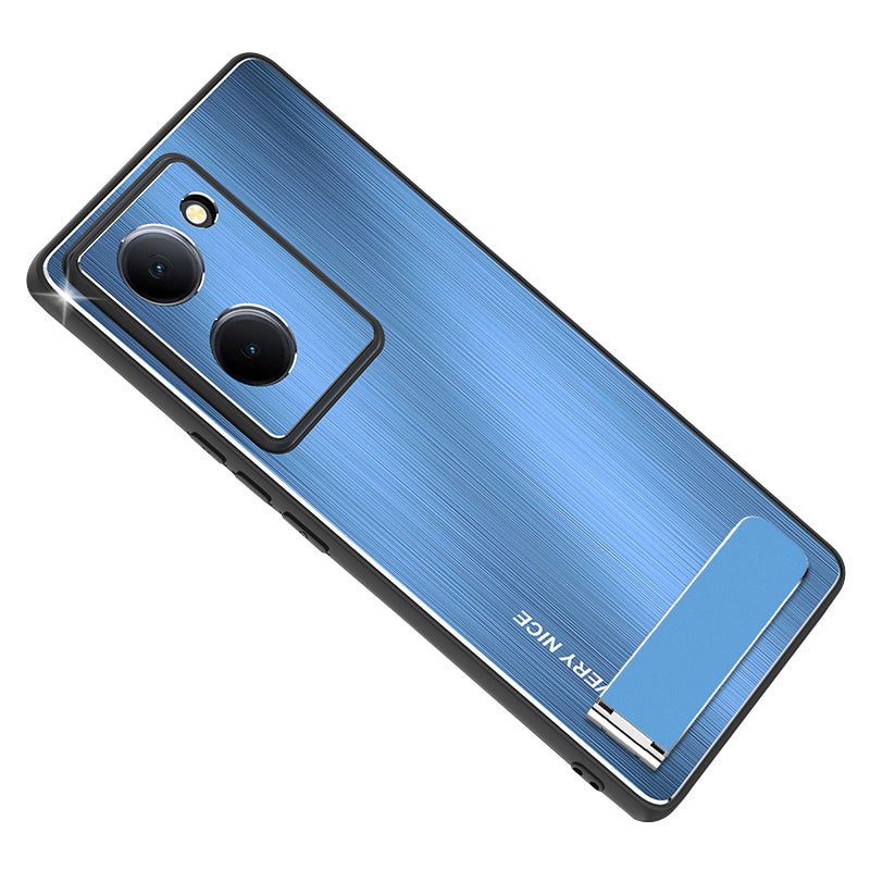 Uniqkart for vivo Y78 5G Kickstand Cell Phone Case TPU+Aluminium Alloy Brushed Cover Drop Protection Shell - Blue