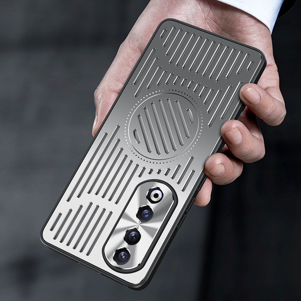 Uniqkart for Honor 90 Pro Hollow Heat Dissipation Phone Back Case Shell TPU+Aluminum Alloy Magnetic Cover - Black