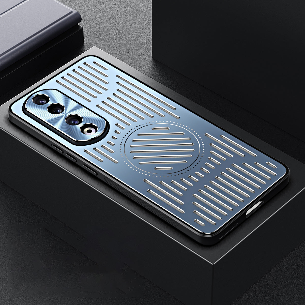 Uniqkart for Honor 90 Pro Hollow Heat Dissipation Phone Back Case Shell TPU+Aluminum Alloy Magnetic Cover - Blue