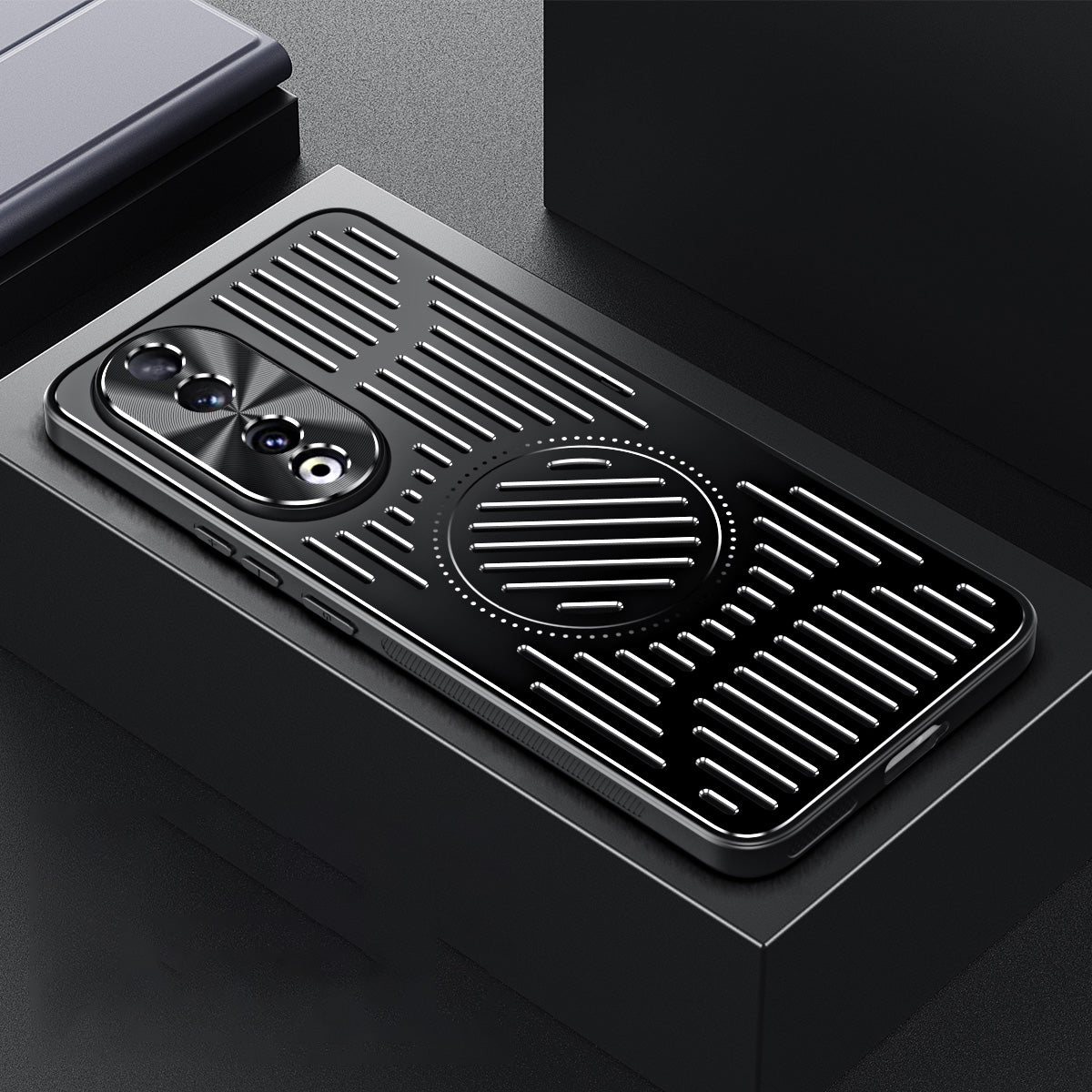 Uniqkart for Honor 90 Phone Case Hollow Heat Dissipation TPU+Aluminum Alloy Magnetic Back Cover - Black