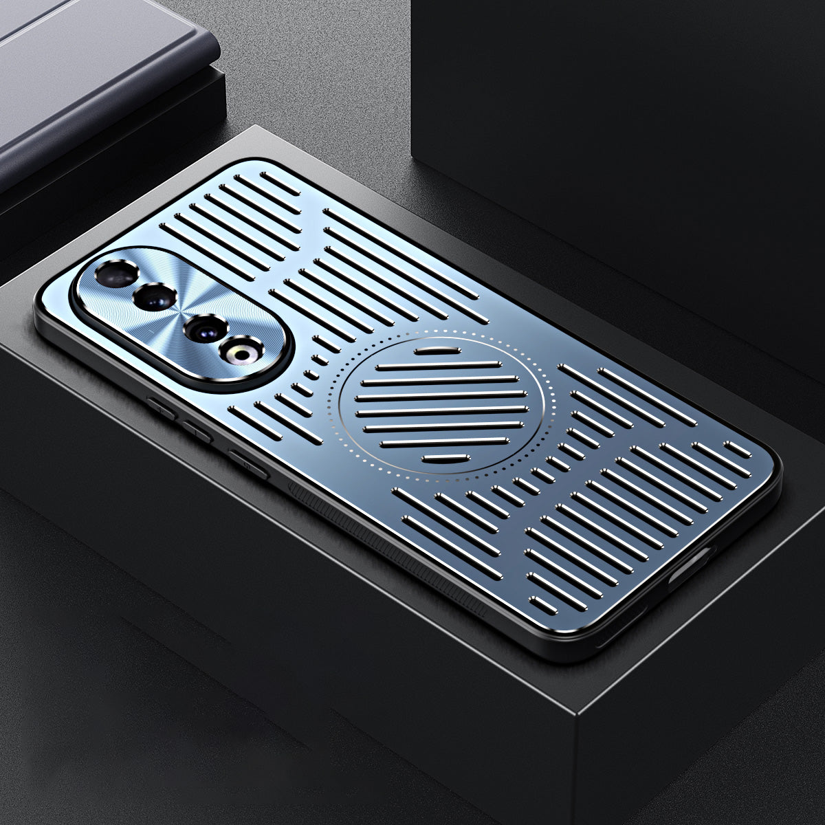 Uniqkart for Honor 90 Phone Case Hollow Heat Dissipation TPU+Aluminum Alloy Magnetic Back Cover - Blue
