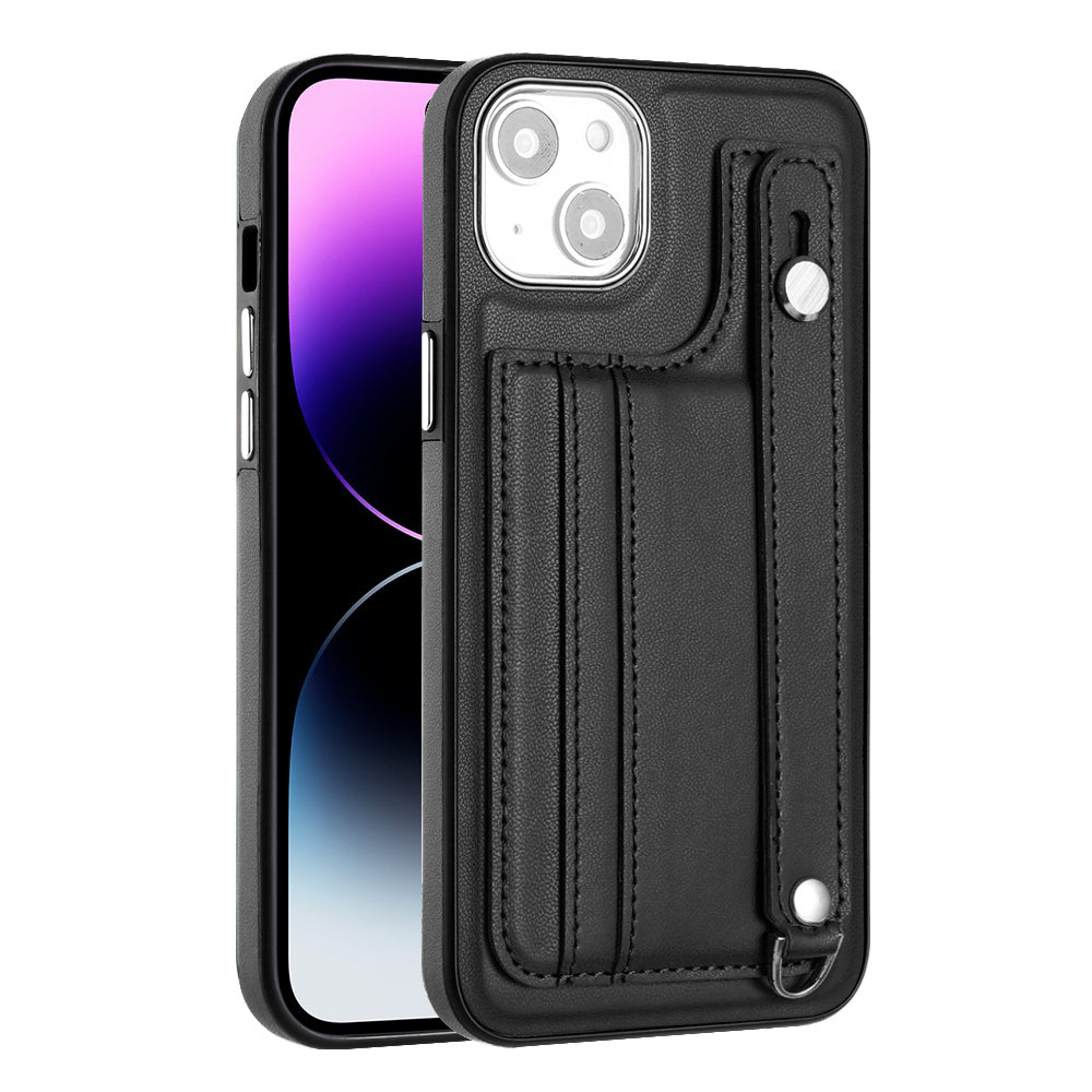 YB Leather Coating Series-5 For iPhone 15 PU Leather+TPU Shell Card Holder Phone Case Strap Kickstand Cover - Black