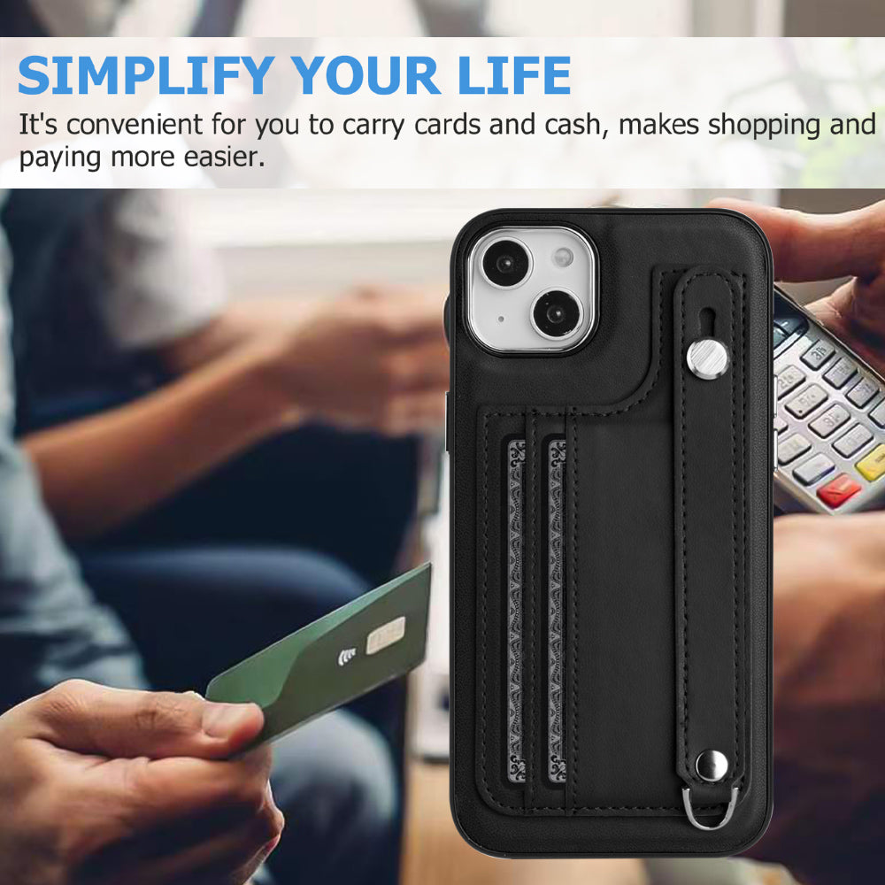 YB Leather Coating Series-5 For iPhone 15 PU Leather+TPU Shell Card Holder Phone Case Strap Kickstand Cover - Black