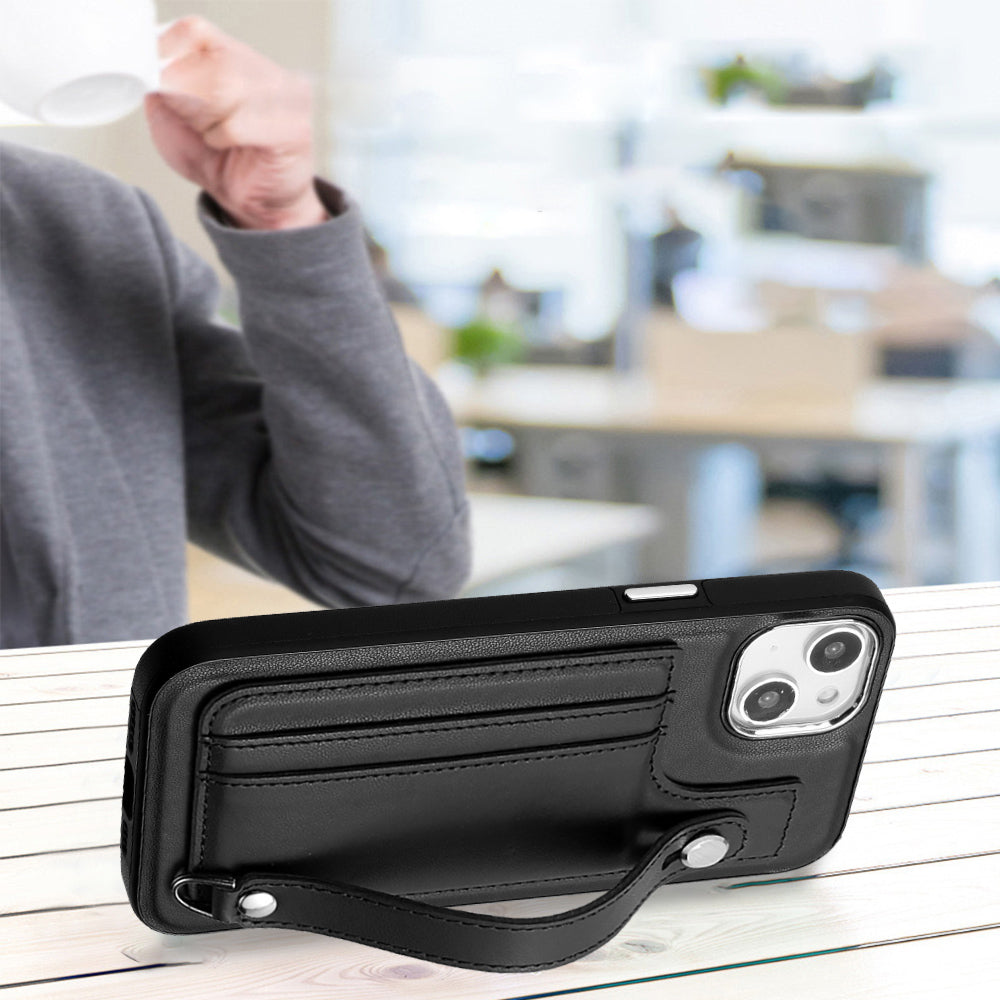 YB Leather Coating Series-5 For iPhone 15 PU Leather+TPU Shell Card Holder Phone Case Strap Kickstand Cover - Black