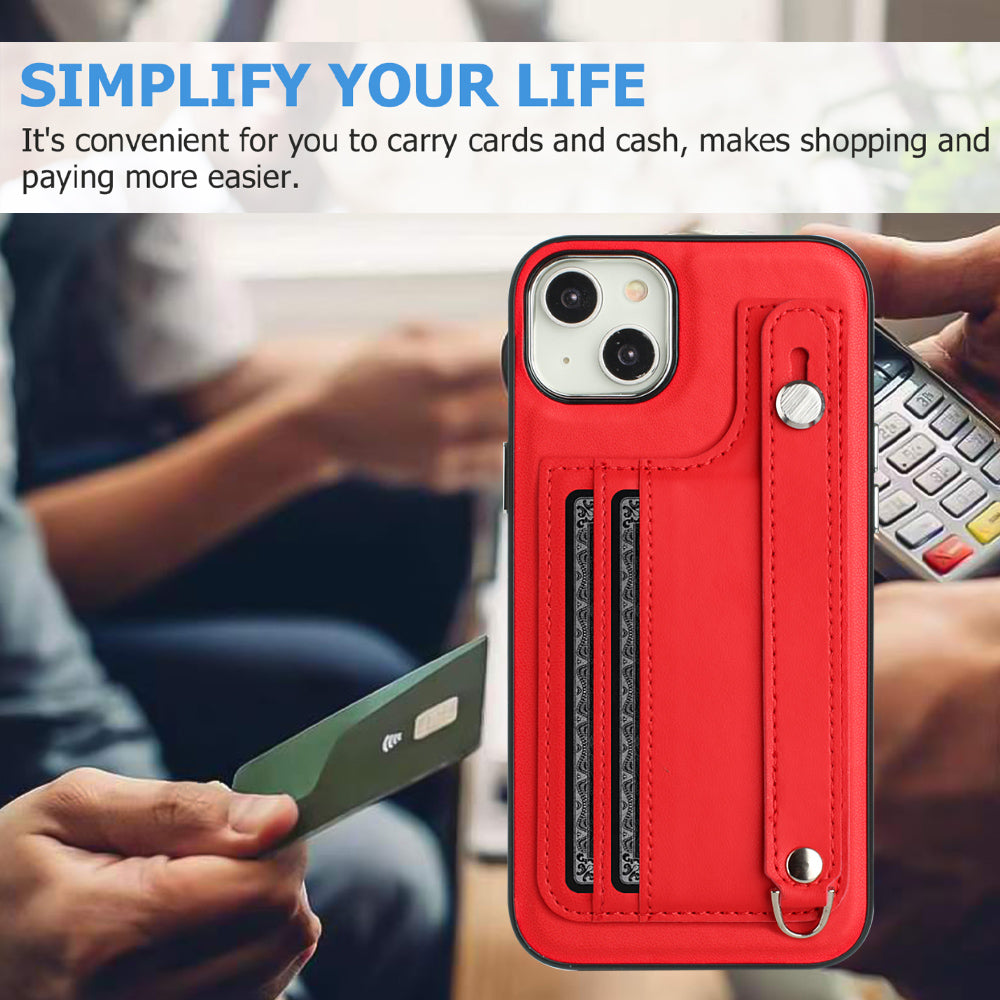 YB Leather Coating Series-5 For iPhone 15 PU Leather+TPU Shell Card Holder Phone Case Strap Kickstand Cover - Red