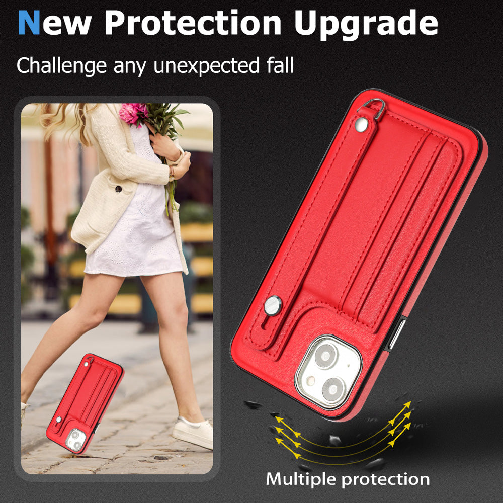 YB Leather Coating Series-5 For iPhone 15 PU Leather+TPU Shell Card Holder Phone Case Strap Kickstand Cover - Red