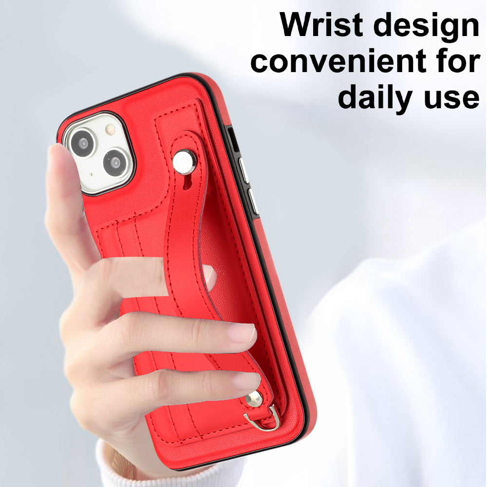 YB Leather Coating Series-5 For iPhone 15 PU Leather+TPU Shell Card Holder Phone Case Strap Kickstand Cover - Red