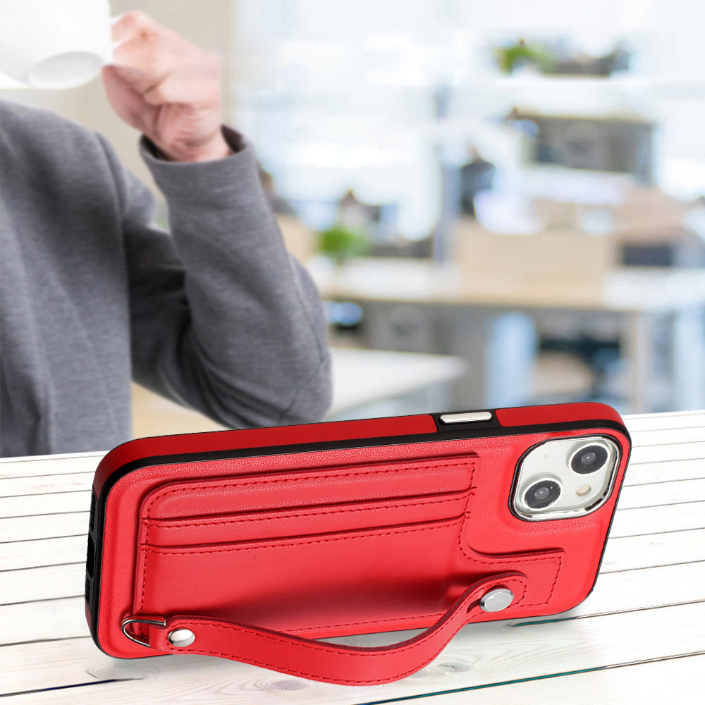 YB Leather Coating Series-5 For iPhone 15 PU Leather+TPU Shell Card Holder Phone Case Strap Kickstand Cover - Red
