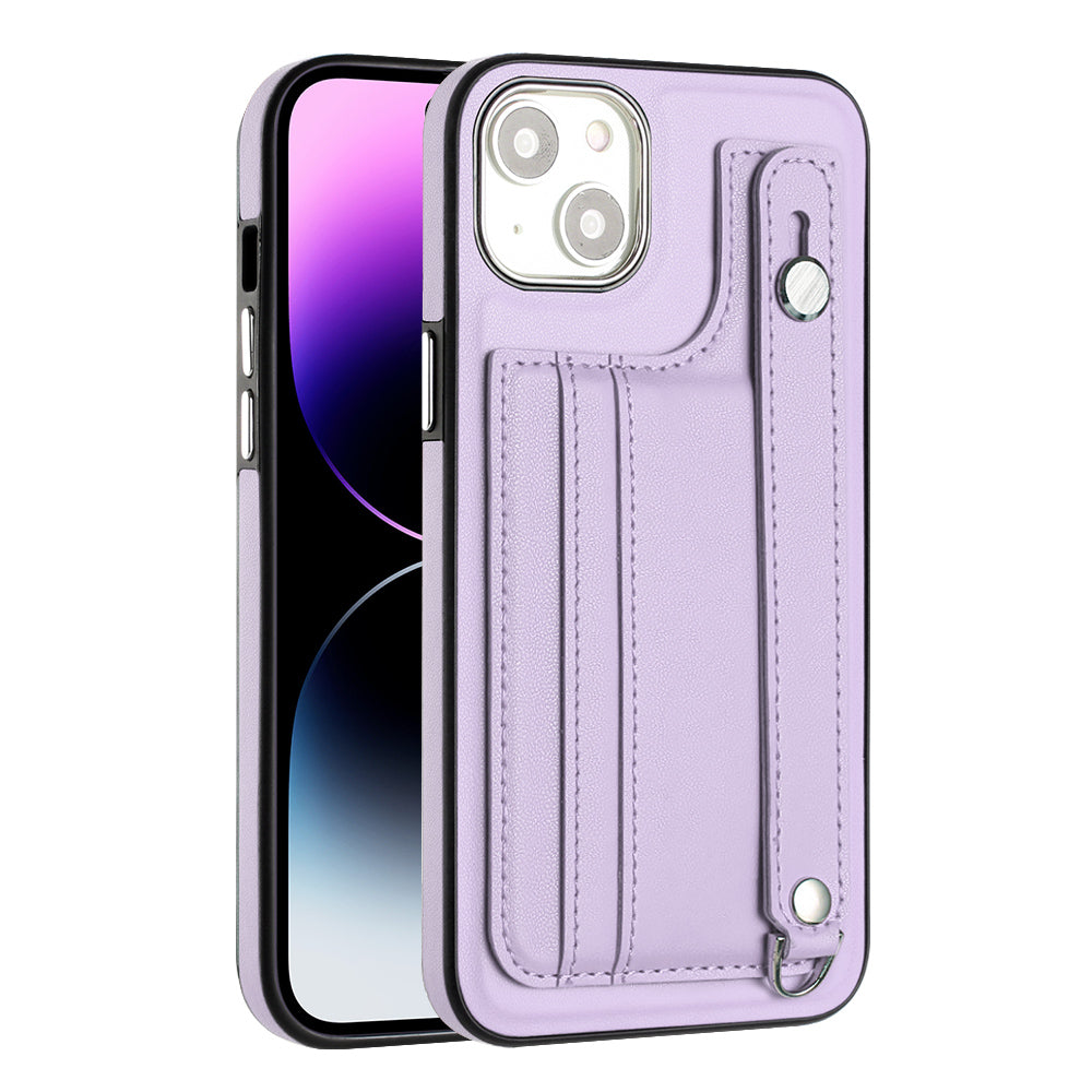 YB Leather Coating Series-5 For iPhone 15 PU Leather+TPU Shell Card Holder Phone Case Strap Kickstand Cover - Purple