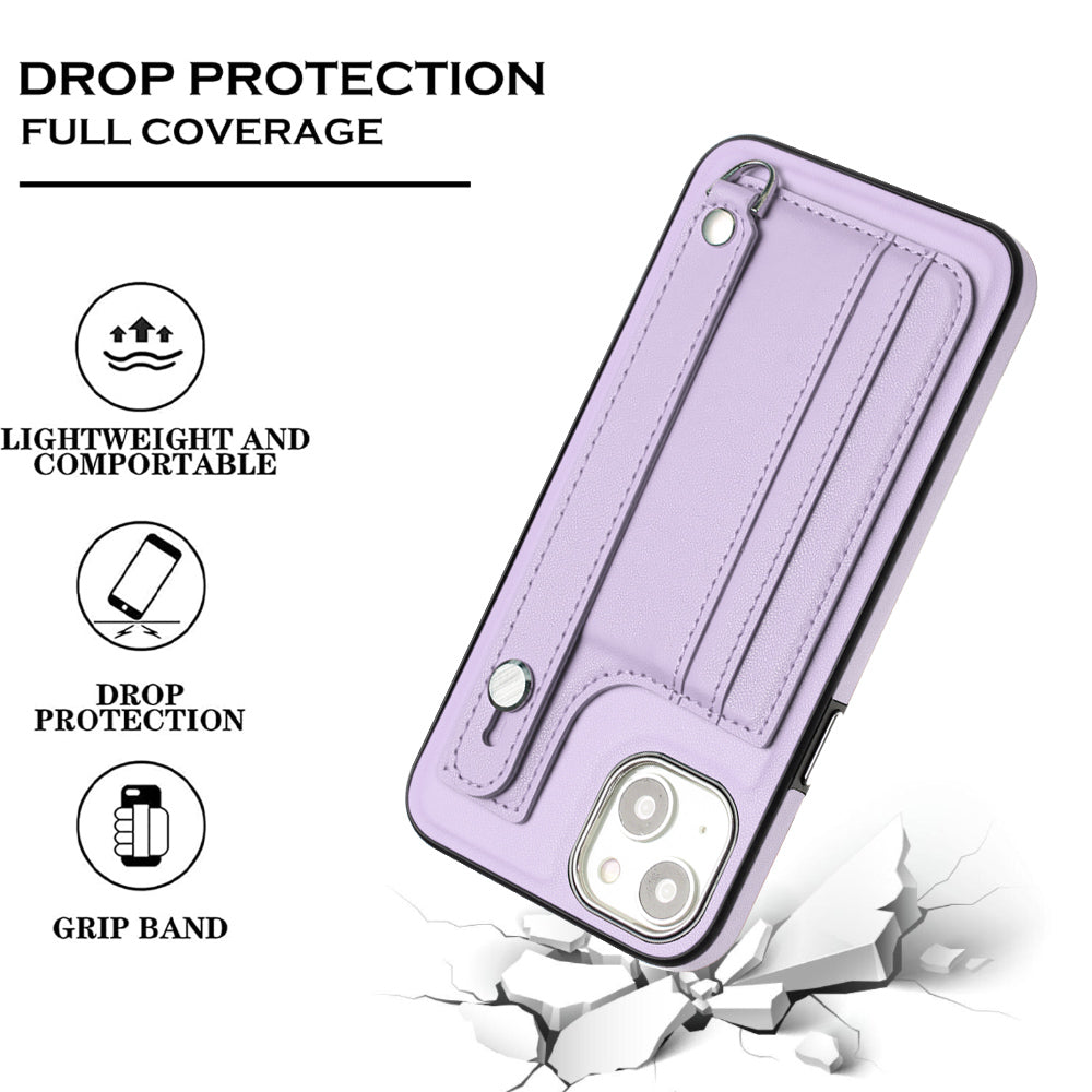 YB Leather Coating Series-5 For iPhone 15 PU Leather+TPU Shell Card Holder Phone Case Strap Kickstand Cover - Purple