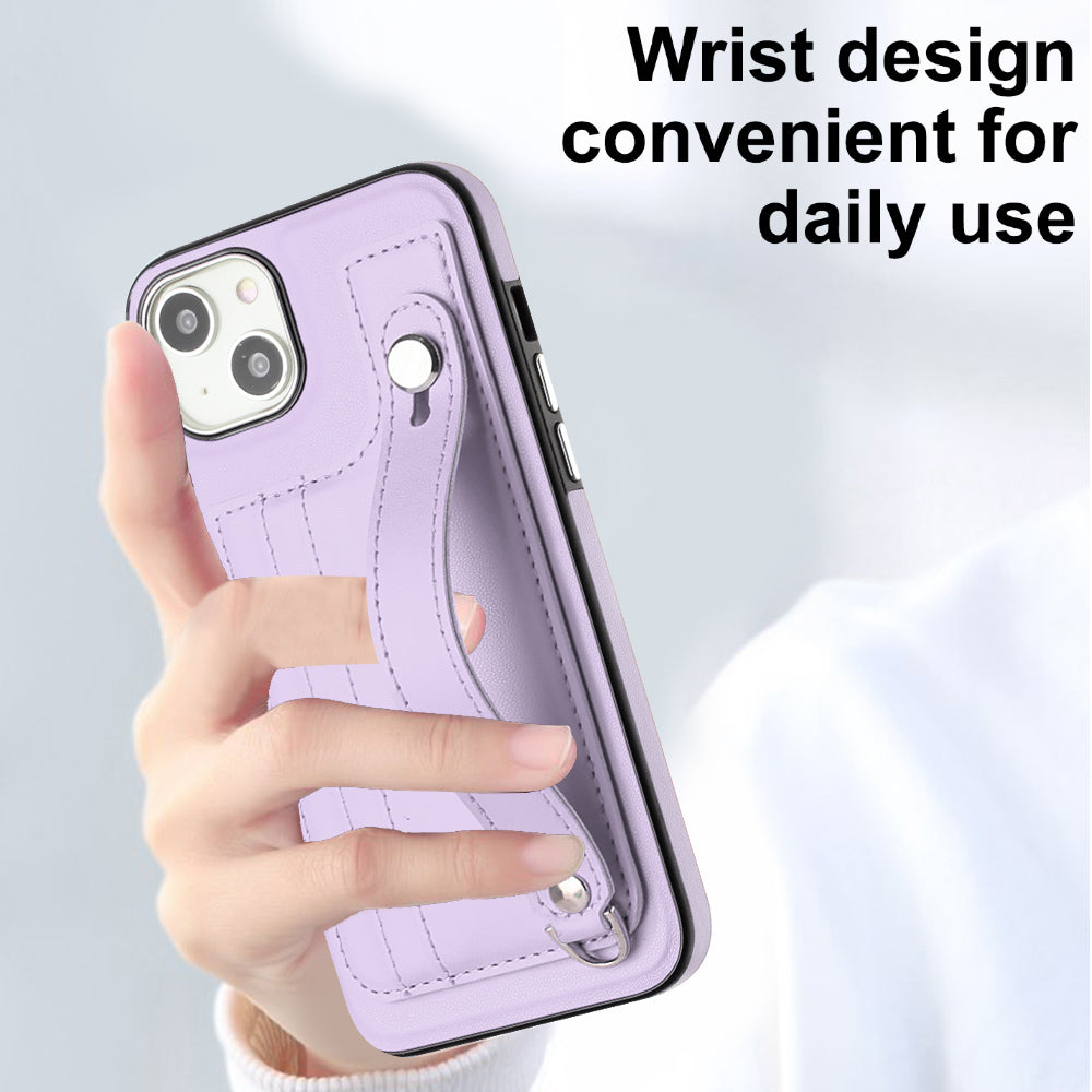 YB Leather Coating Series-5 For iPhone 15 PU Leather+TPU Shell Card Holder Phone Case Strap Kickstand Cover - Purple