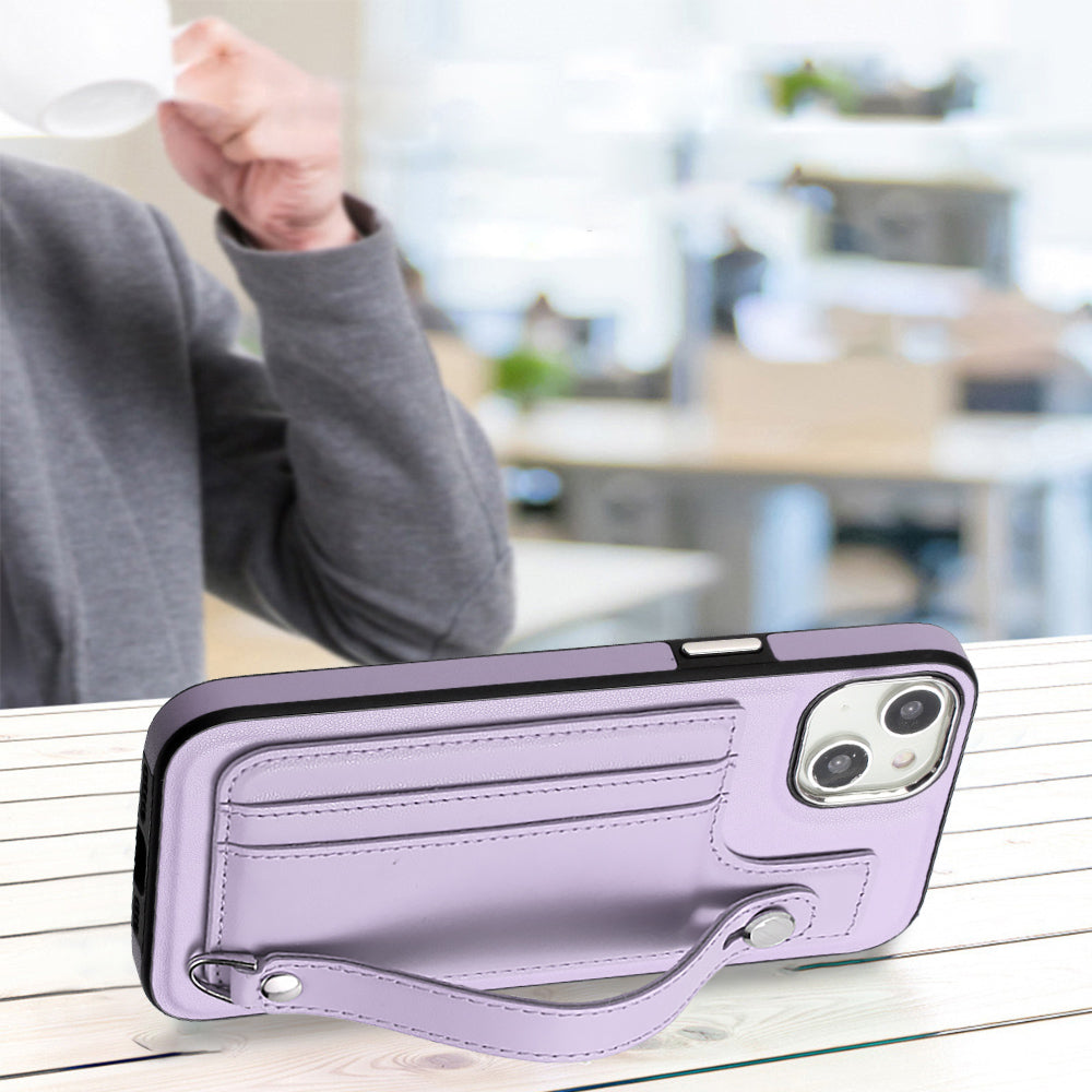 YB Leather Coating Series-5 For iPhone 15 PU Leather+TPU Shell Card Holder Phone Case Strap Kickstand Cover - Purple